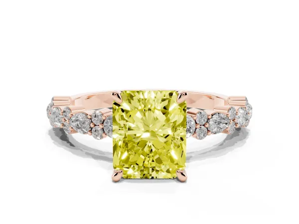 Fancy Yellow Radiant Cut Diamond Side Stone Solitaire Ring with Round and Four-Prong Setting Rose gold