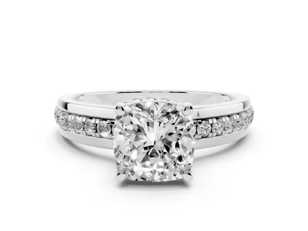 Cushion Cut Solitaire Diamond Ring with Channel Set Band and Six-Prong Setting White gold