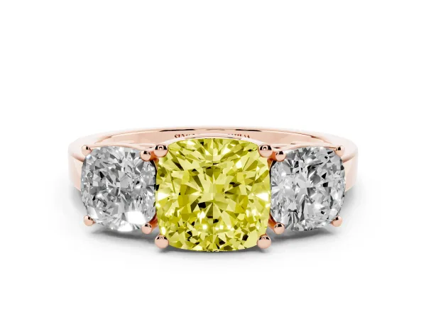 Fancy Yellow Three-Stone Cushion Cut Cut Diamond Engagement Ring with Flat Band and Four-Prong Setting Rose gold