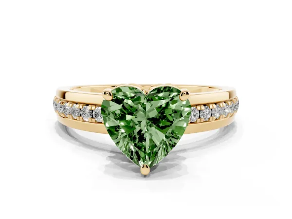 Fancy Green Heart Cut Solitaire Diamond Ring with Channel Set Band and Six-Prong Setting Yellow gold