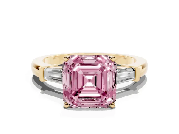Fancy Pink Asscher Cut Cut Diamond Solitaire Ring with Tapered Baguette Accents and Four-Prong Setting Yellow gold