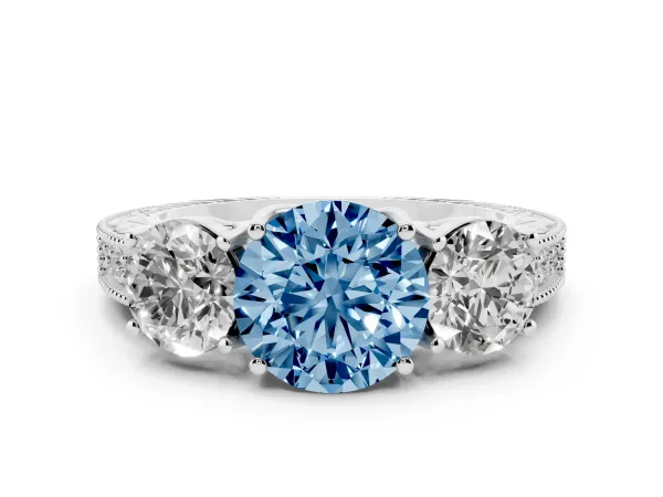 Fancy Blue Three-Stone Round Cut Cut Milgrain Pavé Engagement Ring Platinum