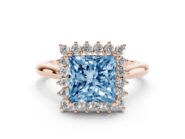 Fancy Blue Princess Cut Cut Diamond Halo Ring with Solitaire Band and Prong Setting Rose gold