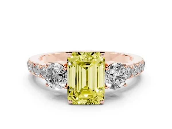 Fancy Yellow Emerald Cut Cut Diamond Three-Stone Ring with Round Side Stones and Pavé Band Rose gold