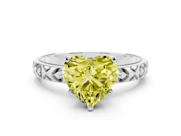 Fancy Yellow Heart Cut Solitaire Diamond Engagement Ring with XO Engraved Band and Four-Prong Setting Platinum