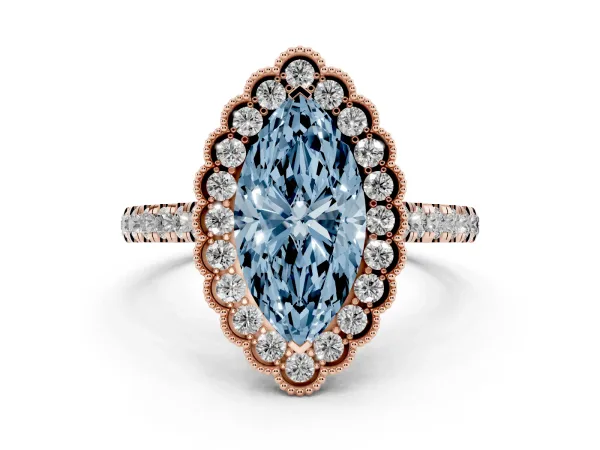 Fancy Blue Marquise Cut Cut Diamond Milgrain Floral Halo Engagement Ring with Pavé Band Rose gold
