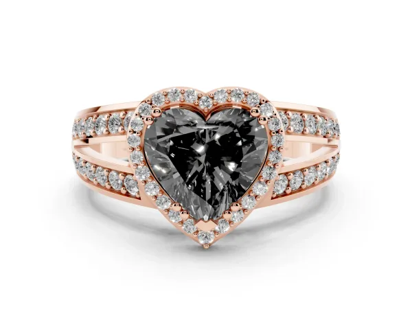 Fancy Black Heart Cut Diamond Halo Ring with Split Shank Pavé Band and Four-Prong Setting Rose gold