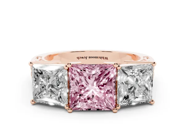 Fancy Pink Princess Cut Diamond Three-Stone Ring with Prong Setting and Textured Band Rose gold