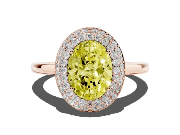 Fancy Yellow Oval Cut Halo Diamond Engagement Ring with Solitaire Band and Four-Prong Setting Rose gold