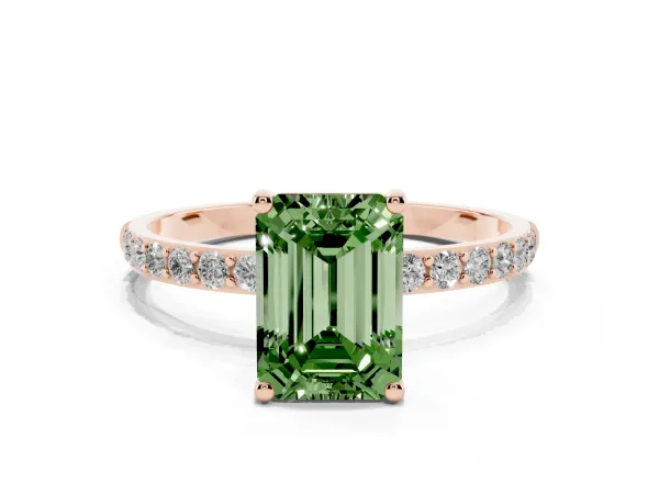 Fancy Green Emerald Cut Diamond Solitaire Ring with Round Pavé Shoulders and Prong Setting Rose gold