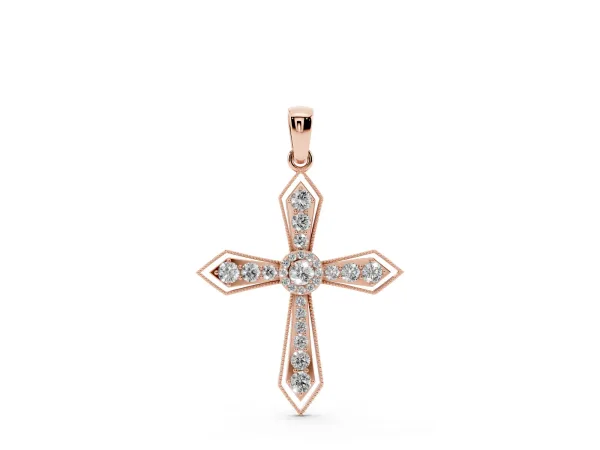 Round Diamond Milgrain Cross Pendant with Bezel Setting Rose gold