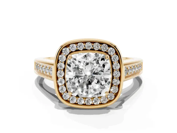 Cushion Cut Halo Solitaire Diamond Ring with Pave Band and Bezel Setting Yellow gold