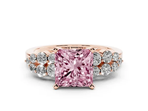 Fancy Pink Princess Cut Cluster Diamond Engagement Ring with Pavé Band and Four-Prong Setting Rose gold