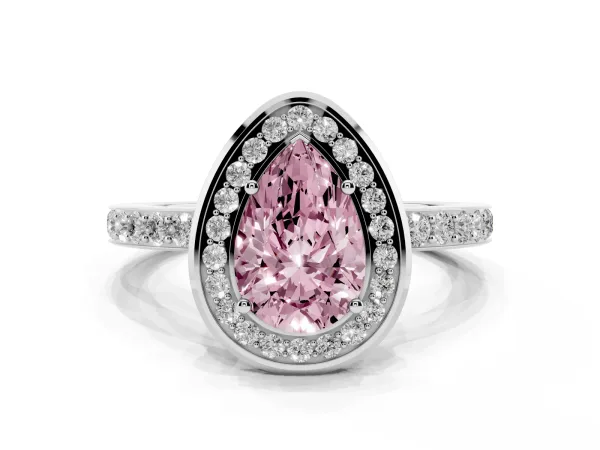 Fancy Pink Pear Cut Diamond Halo Ring with Bezel Frame and Pavé Band Platinum