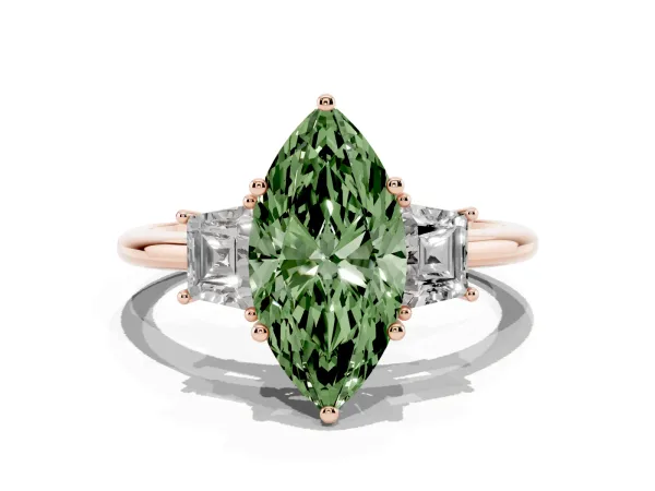 Fancy Green Marquise Cut Diamond Three-Stone Ring with Trapezoid Side Stones and Prong Setting Rose gold