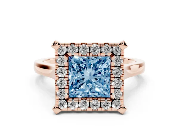Fancy Blue Princess Cut Diamond Cluster Halo Solitaire with Four-Prong Setting Rose gold