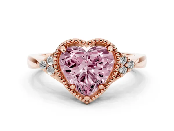 Fancy Pink Heart Cut Diamond Halo Ring with Tapered Band and Four-Prong Setting Rose gold