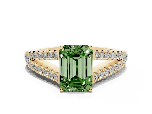 Fancy Green Emerald Cut Diamond Split Shank Pavé Engagement Ring with Four-Prong Setting Yellow gold
