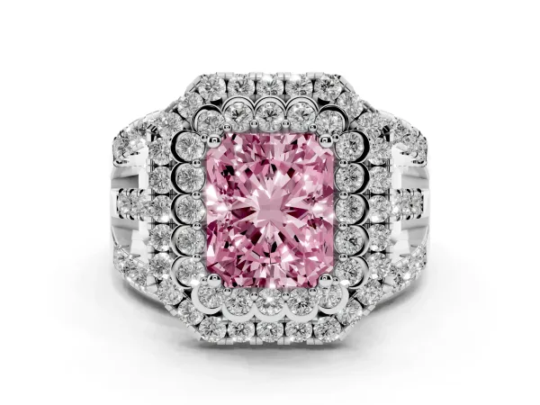 Fancy Pink Radiant Cut Diamond Double Halo Ring with Round Pavé Split Shank and Prong Setting White gold