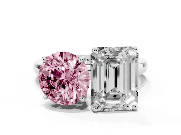 Fancy Pink Round Cut and Emerald Cut Toi Moi Ring with Prong Setting White gold