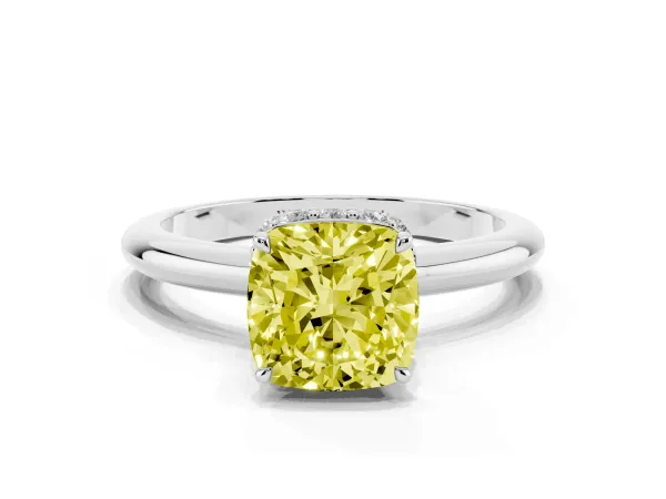 Fancy Yellow Cushion Cut Brilliant Solitaire Engagement Ring with Six-Prong Setting and Classic Band White gold