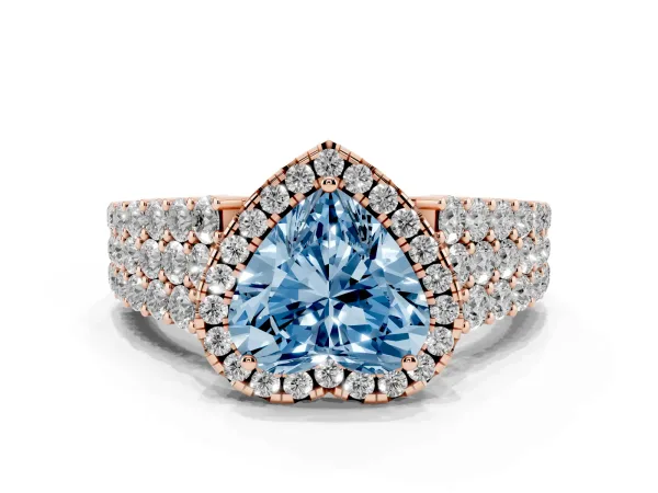 Fancy Blue Heart Cut Diamond Halo Engagement Ring with Triple Row Round Pavé Band and Prong Setting Rose gold