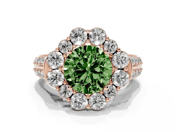 Fancy Green Round Cut Halo Diamond Engagement Ring with Split Shank and Prong Setting Rose gold