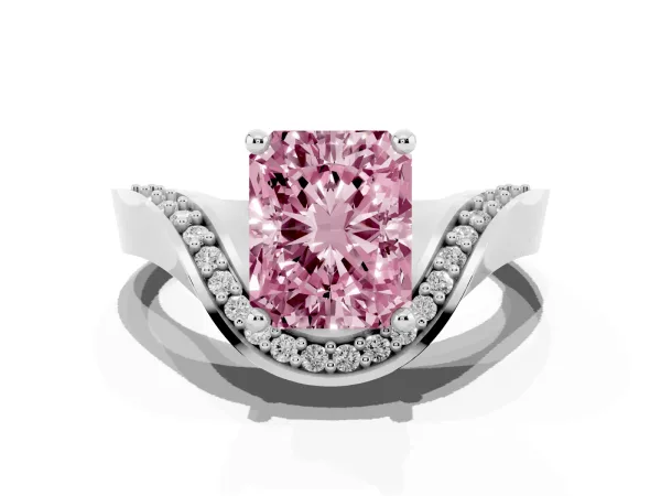Fancy Pink Radiant Cut Solitaire Diamond Engagement Ring with Pave Band and Four-Prong Setting Platinum