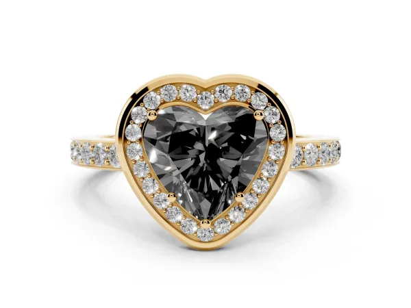Fancy Black Heart Cut Diamond Halo Ring with Bezel Frame and Pavé Band Yellow gold