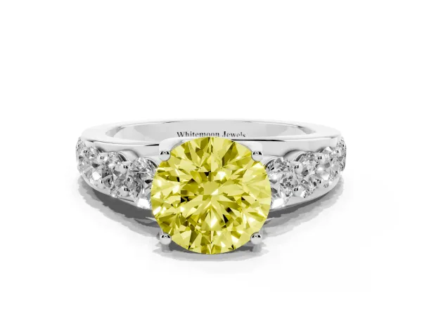 Fancy Yellow Round Cut Diamond Engagement Ring with Pavé Band and Four-Prong Setting White gold
