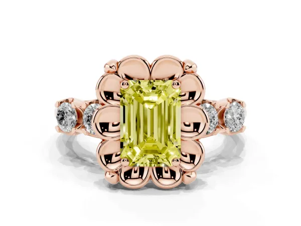 Fancy Yellow Emerald Cut Cut Diamond Floral Halo Engagement Ring with Shared Prong Setting Rose gold
