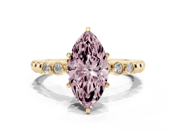 Fancy Pink Marquise Cut Solitaire Bezel Accent Diamond Engagement Ring with Beaded Band and Four-Prong Setting Yellow gold