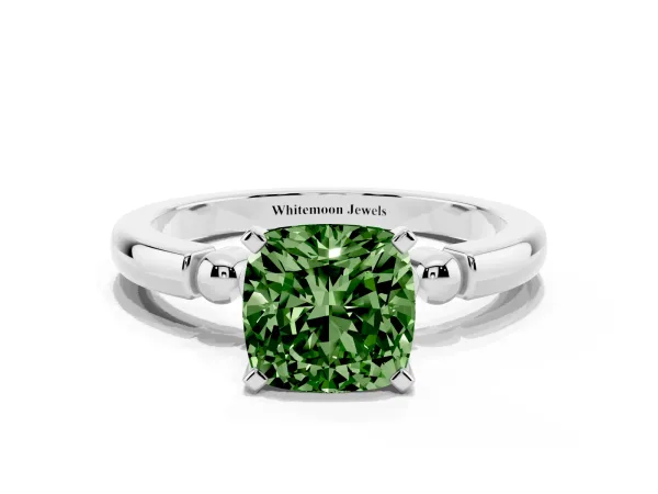 Fancy Green Cushion Cut Solitaire Beaded Band with Four-Prong Setting Platinum