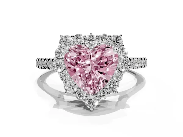 Fancy Pink Heart Cut Halo Diamond Ring with Pavé Band and Prong Setting Platinum