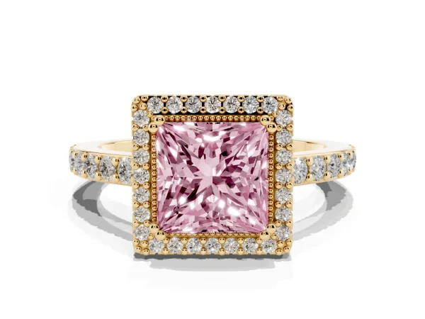 Fancy Pink Princess Cut Cut Diamond Halo Engagement Ring with Milgrain Detail and Pavé Band Yellow gold