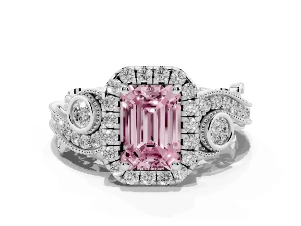 Fancy Pink Emerald Cut Halo Diamond Ring with Milgrain and Bezel Accents on a Split Shank Band Platinum