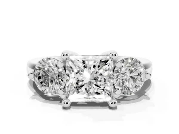 Three-Stone Princess Cut Brilliant Cut Solitaire Ring with Prong Setting on a Classic Band Platinum