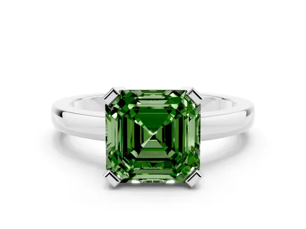 Fancy Green Asscher Cut Cut Solitaire Ring with Four-Prong Setting and Classic Band Platinum