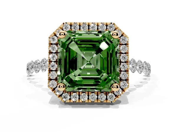 Fancy Green Asscher Cut Halo Pavé Diamond Engagement Ring with Four-Prong Setting Yellow gold