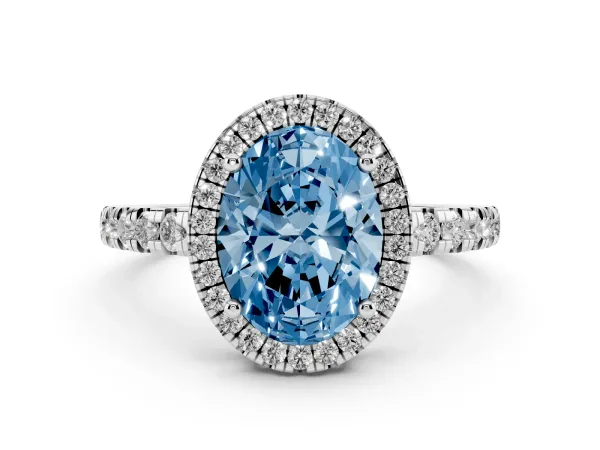 Fancy Blue Oval Cut Diamond Halo Ring with Pavé Band and Four-Prong Setting Platinum