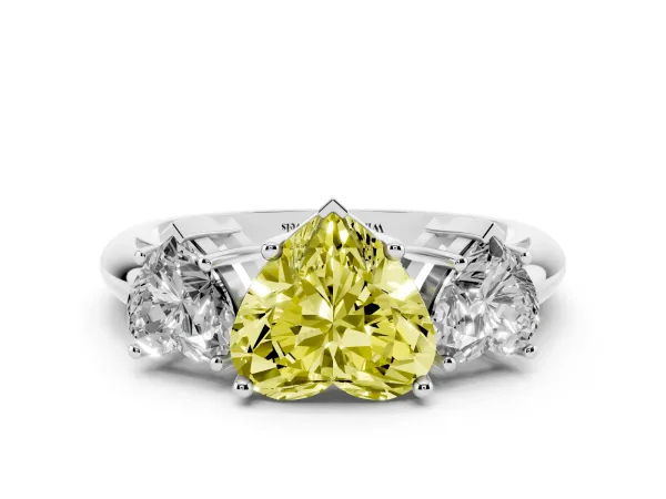 Fancy Yellow Three-Stone Heart Cut Cut Diamond Engagement Ring with Prong Setting on a White Gold Band White gold