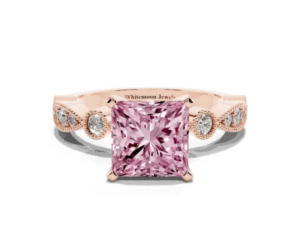 Fancy Pink Princess Cut Milgrain Bezel Diamond Engagement Ring with Solitaire Prong Setting Rose gold