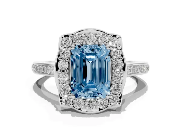 Fancy Blue Emerald Cut Halo Round Diamond Pave Band with Four-Prong Setting White gold