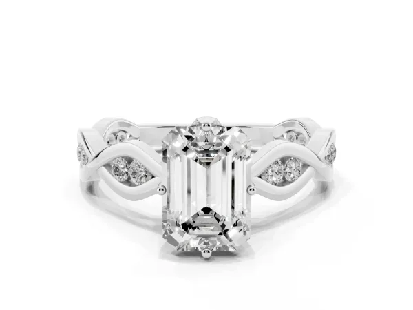 Emerald Cut Solitaire Twist Band with Leaf Prong Setting Platinum