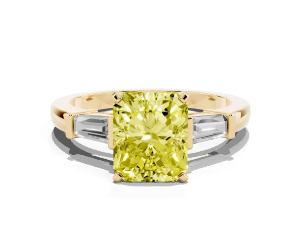 Fancy Yellow Radiant Cut Cut Diamond Solitaire Ring with Tapered Baguette Accents and Four-Prong Setting Yellow gold