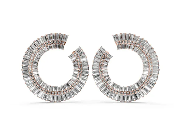 Baguette and Round Diamond Fanned Hoop Earrings Rose gold