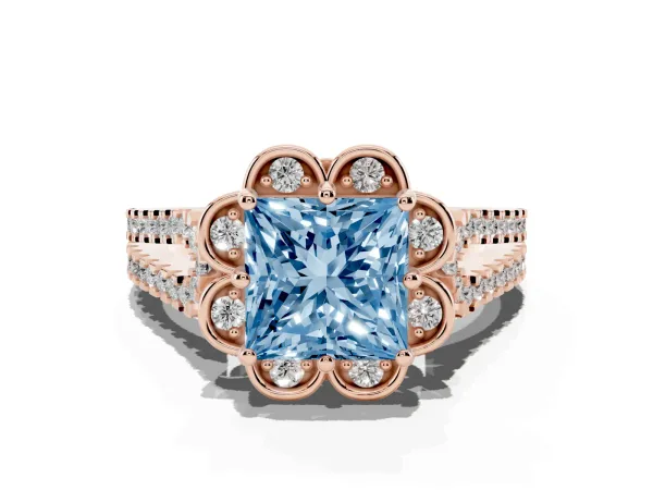 Fancy Blue Princess Cut Halo Diamond Floral Split Shank Engagement Ring Rose gold
