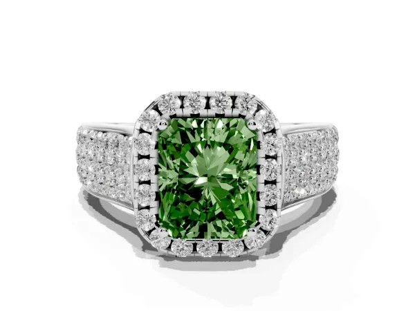 Fancy Green Radiant Cut Halo Round Diamond Pave Band with Prong Setting Platinum