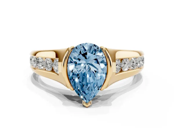 Fancy Blue Pear Cut Solitaire Bezel-Set Diamond Ring with Channel-Set Band Yellow gold