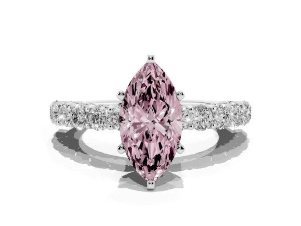 Fancy Pink Marquise Cut Diamond Solitaire Ring with Shared Prong Pavé Band and Four-Prong Setting White gold